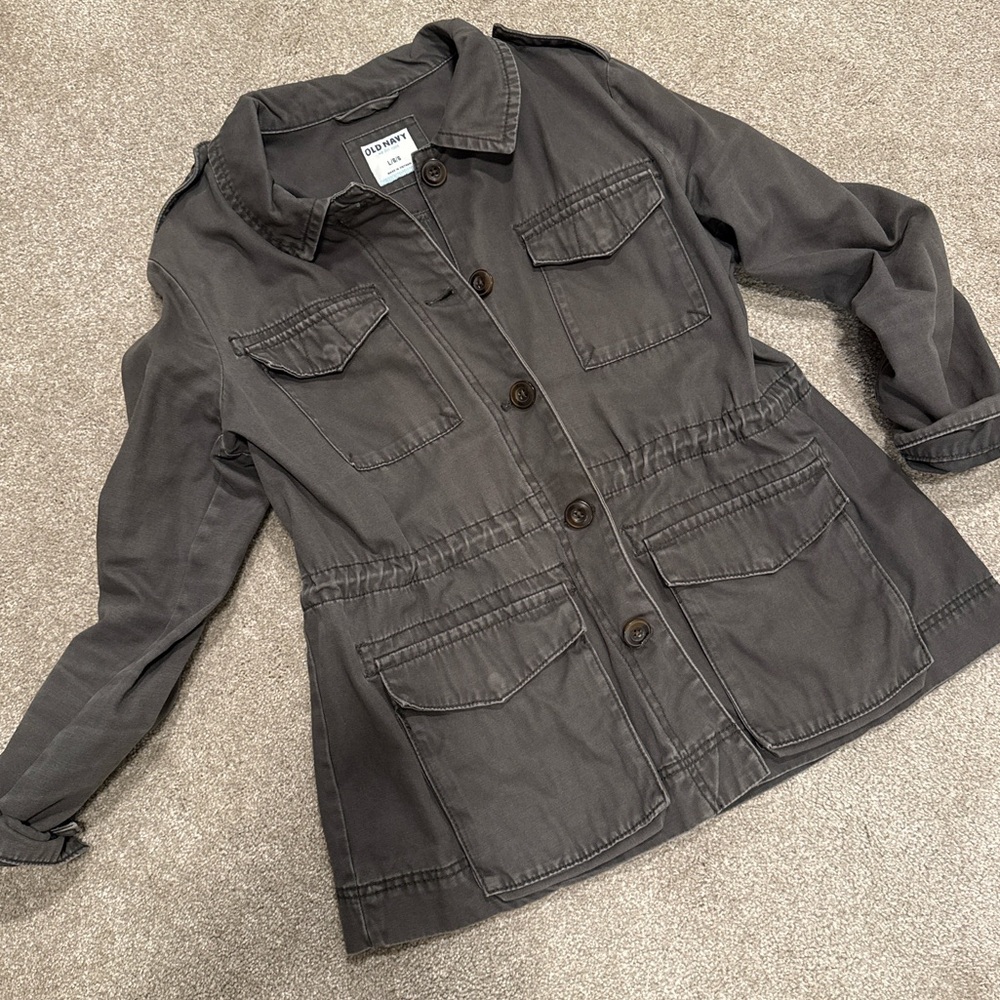 Old Navy Military Utility Jacket Womens L Cotton Army Field Cargo Jacket Gray